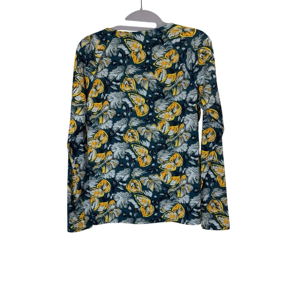 Garnet Hill Dark Teal Gold Floral Long Sleeve 1/4 Zip Swim Top sz M - Picture 2 of 8